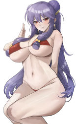 Rule 34 | 1girl, absurdres, arm behind back, bare shoulders, bikini, blush, breasts, commentary request, earrings, hair ornament, highres, huge breasts, jewelry, kataku musou, long hair, looking at viewer, navel, parted lips, purple hair, ranma 1/2, red bikini, red eyes, shampoo (ranma 1/2), shiny skin, sidelocks, simple background, smile, stomach, swimsuit, thighs, white background