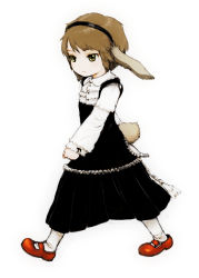 Rule 34 | 1girl, absurdres, animal ears, bad id, bad pixiv id, brown hair, child, dress, feral lemma, hairband, highres, mary janes, rabbit ears, shoes, short hair, simple background, solo, tail, walking