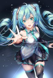 Rule 34 | 1girl, aqua eyes, aqua hair, aqua nails, aqua necktie, bare shoulders, black background, black skirt, black sleeves, black thighhighs, boots, commentary, cowboy shot, crying, crying with eyes open, detached sleeves, foreshortening, grey shirt, hair ornament, hatsune miku, highres, long hair, looking at viewer, miniskirt, nail polish, necktie, open mouth, outstretched arm, piano print, pleated skirt, reaching, reaching towards viewer, running, shirt, skindentation, skirt, sleeveless, sleeveless shirt, solo, standing, tears, thigh boots, thighhighs, twintails, very long hair, vocaloid, waon moon, zettai ryouiki