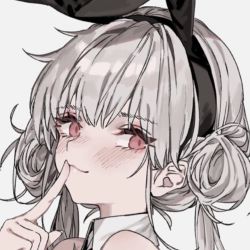 Rule 34 | 1girl, animal ears, aogisa, blush, brown hair, closed mouth, double bun, fake animal ears, finger to mouth, hair bun, original, pink eyes, portrait, rabbit ears, simple background, solo