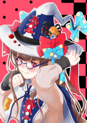 Rule 34 | 00coffee, 1girl, adjusting-hat, arm up, blue-framed eyewear, blue bow, blush, bow, brown hair, checkered background, glasses, hair bow, hand up, hat, hat bow, hat ornament, highres, jacket, long sleeves, original, pink background, pink eyes, polka dot, polka dot background, red bow, simple background, smile, white hat, witch hat