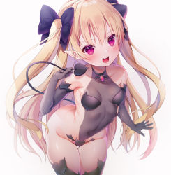 Rule 34 | 1girl, bare shoulders, black bow, black gloves, blonde hair, blush, bow, breasts, collarbone, commentary request, covered navel, cowboy shot, demon girl, demon tail, elbow gloves, gloves, hair bow, hair ornament, halloween, highres, holding tail, long hair, looking at viewer, open mouth, original, purple eyes, simple background, small breasts, solo, suzuno, tail, thighhighs, thighs, white background