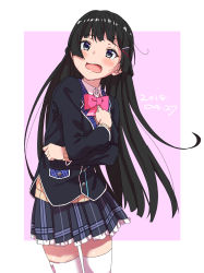 Rule 34 | 1girl, absurdres, bad id, bad pixiv id, black hair, black jacket, black skirt, blazer, blush, bow, bowtie, buttons, commentary request, cowboy shot, dated, frilled skirt, frills, hair ornament, hairclip, highres, jacket, karahai (31448823), long hair, long sleeves, looking at viewer, nijisanji, open mouth, pink bow, pink neckwear, plaid, plaid skirt, pleated skirt, pocket, school uniform, self hug, skirt, standing, tearing up, tears, thighhighs, tsukino mito, tsukino mito (1st costume), two-tone background, virtual youtuber, white thighhighs, zettai ryouiki