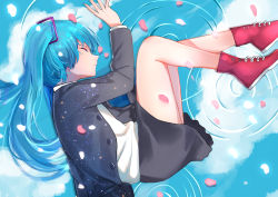 Rule 34 | 1girl, absurdres, blue hair, closed eyes, hatsune miku, highres, long hair, lying, on side, petals, puddle, qingli green, sleeping, solo, twintails, unconscious, vocaloid