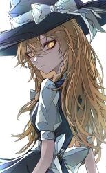 Rule 34 | 1girl, 33 gaff, black hat, blonde hair, bow, braid, hair between eyes, hat, hat bow, kirisame marisa, long hair, looking at viewer, parted lips, short sleeves, side braid, simple background, single braid, solo, touhou, upper body, white background, white bow, yellow eyes