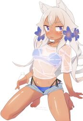 Rule 34 | 1girl, animal ear fluff, animal ears, bikini, bikini under clothes, blue bikini, blue flower, blush, bottle, breasts, closed mouth, commentary request, dark-skinned female, dark skin, flower, grey hair, grey shorts, hair flower, hair ornament, highres, holding, holding bottle, long hair, looking at viewer, low twintails, medium breasts, navel, open clothes, open shorts, original, owasaki, purple eyes, see-through, shirt, short shorts, short sleeves, shorts, simple background, solo, swimsuit, tongue, tongue out, twintails, twitter username, v-shaped eyebrows, very long hair, wet, wet clothes, wet shirt, white background, white shirt
