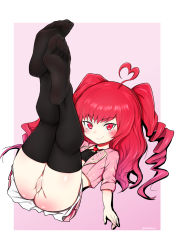 Rule 34 | 1girl, ahoge, ass, blush, censored, drill hair, dynamite tomokazu, feet, highres, long hair, looking at viewer, no panties, original, pussy, red eyes, red hair, skirt, smile, soles, solo, thighhighs, toes