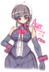 Rule 34 | 1girl, akatsuki alut, bare shoulders, black hair, breasts, cuff links, curvy, elbow gloves, gloves, halterneck, hip focus, impossible clothes, large breasts, maid, maid headdress, mel/a, original, red eyes, short hair, sketch, smile, solo, wide hips