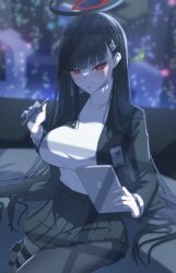 Rule 34 | 1girl, absurdres, black hair, black jacket, black skirt, blue archive, breasts, bright pupils, city lights, cityscape, hair ornament, hairclip, halo, highres, holding, holding stylus, holding tablet pc, id card, jacket, large breasts, long hair, panvyru, red eyes, rio (blue archive), skirt, solo, stylus, sweater, tablet pc, very long hair, white pupils, white sweater