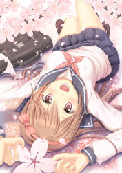 Rule 34 | 1girl, arms up, bag, blush, brown eyes, brown hair, cherry blossoms, fuyu urara, hairband, long hair, looking at viewer, lying, on back, open mouth, original, school bag, school uniform, skirt, smile, solo, upside-down