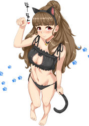 Rule 34 | 10s, 1girl, animal ears, barefoot, bell, blush, breasts, brown hair, cat cutout, cat ear panties, cat ears, cat lingerie, cat tail, cleavage cutout, clothing cutout, densuke (iha-syuon), eyebrows, feet, full body, groin, highres, idolmaster, idolmaster cinderella girls, jingle bell, kamiya nao, large breasts, long hair, looking at viewer, meme attire, navel, panties, paw pose, red eyes, side-tie panties, simple background, solo, tail, thick eyebrows, toes, underwear, white background, wide hips