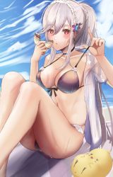 Rule 34 | 1girl, azur lane, bikini, blue butterfly, blue gemstone, blue sky, braid, breasts, bug, butterfly, butterfly hair ornament, cafenami, come hither, crown braid, doughnut, dunkerque (azur lane), dunkerque (summer sucre) (azur lane), feet out of frame, food, front-tie bikini top, front-tie top, gem, grey hair, hair between eyes, hair ornament, highres, insect, looking at viewer, manjuu (azur lane), medium breasts, official alternate costume, outdoors, ponytail, pulled by self, purple bikini, red eyes, sky, solo, swimsuit, wet