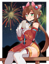 Rule 34 | aile (mega man zx), baozi, bench, blush, brown hair, chinese clothes, commission, cougar (cougar1404), detached sleeves, dress, eating, fireworks, food, green eyes, long hair, looking at viewer, mega man (series), mega man x (series), mega man x dive, mega man zx, mega man zx advent, ponytail, short dress, sitting, skeb commission, tagme