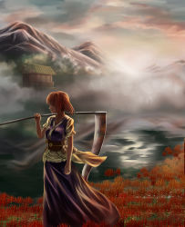 Rule 34 | 1girl, bad id, bad pixiv id, blue dress, breasts, cloud, cloudy sky, dress, flower, fog, highres, looking at viewer, looking to the side, morning, mountain, nature, onozuka komachi, red eyes, red hair, reflection, river, sakkun2014, scenery, scythe, short hair, short sleeves, shrine, sky, solo, spider lily, standing, steam, sun, sunburst, sunlight, touhou, tree, water, wind