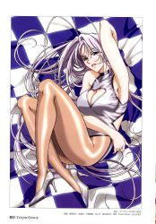 Rule 34 | 1girl, antenna hair, armpits, arms up, bare shoulders, blue eyes, breast hold, breasts, cleavage, curvy, high heels, highres, large breasts, legs, lips, lipstick, long hair, looking at viewer, lying, makeup, natsume maya, official art, on side, oogure ito, pantyhose, purple hair, solo, tenjou tenge, thighs, very long hair
