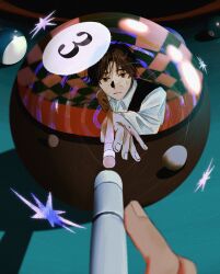 Rule 34 | 1boy, ball, billiard ball, billiards, black vest, brown eyes, brown hair, checkered ceiling, closed mouth, collared shirt, cue stick, highres, holding cue stick, long sleeves, looking at viewer, nekochan suuu, original, perspective, pool table, reflection, shirt, short hair, table, vest, white shirt