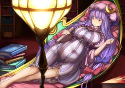 Rule 34 | 1girl, barefoot, belly, blue bow, book, book stack, bookshelf, bow, breasts, buttons, closed eyes, covered navel, crescent, crossed legs, curvy, eyebrows, female focus, frills, hair bow, hair ribbon, hat, holding, holding book, hoshara, indoors, lamp, large breasts, long hair, lying, md5 mismatch, mob cap, multi-tied hair, on back, patchouli knowledge, plump, purple hair, red bow, ribbon, sleeping, solo, striped, touhou, twintails, very long hair, wide hips