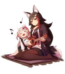 Rule 34 | animal ear fluff, animal ears, bell, black hair, choker, closed eyes, double bun, drawstring, flipped hair, hair between eyes, hair bun, hair ornament, hairclip, highres, hololive, horns, instrument, jingle bell, long hair, low-tied long hair, multicolored hair, musical note, nakiri ayame, nakiri ayame (girly), oni, ookami mio, ookami mio (casual), open mouth, pantyhose, paw print, paw print pattern, red hair, short shorts, shorts, sidelocks, smile, streaked hair, sue (bg-bros), tail, tail around own leg, tail wrap, teeth, two-tone hoodie, ukulele, upper teeth only, very long hair, virtual youtuber, white background, wolf ears, wolf girl, wolf tail, yellow eyes