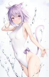 Rule 34 | 1girl, absurdres, ahoge, animal ears, arm up, armpits, bare shoulders, breasts, cat ears, cat girl, cat tail, covered navel, hair between eyes, highleg, highleg leotard, highres, hololive, leotard, looking at viewer, medium breasts, nekomata okayu, one-piece swimsuit, parted lips, purple eyes, purple hair, short hair, simple background, solo, swimsuit, tail, tail raised, thighs, utekiro, virtual youtuber, water, water drop, wet, white background