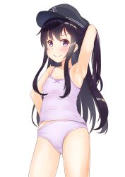Rule 34 | 1girl, akatsuki (kancolle), anchor symbol, arm behind head, arm up, black hair, blue hat, bow camisole, camisole, closed mouth, cowboy shot, crotch seam, flat cap, hand in own hair, hand on own hip, hat, highres, kantai collection, long hair, looking at viewer, midriff peek, panties, purple camisole, purple eyes, purple panties, simple background, smile, solo, standing, underwear, underwear only, white background, zuki