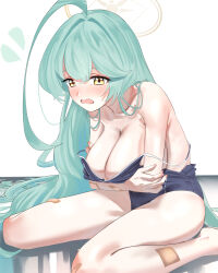 1girl absurdres ahoge bandaid bare_arms bare_legs bare_shoulders black_one-piece_swimsuit blue_archive blush breasts cleavage collarbone green_hair halo haoma highres large_breasts long_hair one-piece_swimsuit open_mouth school_swimsuit solo swimsuit white_background yellow_eyes yellow_halo yume_(blue_archive)