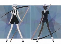 Rule 34 | 2others, androgynous, bad id, bad pixiv id, cairngorm (houseki no kuni), colored skin, gem uniform (houseki no kuni), ghost quartz (houseki no kuni), hair over one eye, holding, holding weapon, houseki no kuni, looking to the side, multiple others, nao (necomugi), necktie, other focus, scythe, short hair, short hair with long locks, suspenders, weapon, white hair, white skin
