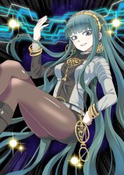 Rule 34 | 1girl, aqua eyes, aqua hair, blunt bangs, bracelet, cleopatra (fate), earrings, fate/grand order, fate (series), feet out of frame, gold hairband, hairband, hime cut, hoop earrings, jacket, jewelry, long hair, looking at viewer, multicolored clothes, multicolored jacket, pantyhose, shimouki izui, smile, solo, very long hair