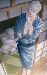 Rule 34 | 1boy, abs, architecture, blue eyes, blue kimono, east asian architecture, full body, gojou satoru, hair between eyes, hand up, highres, japanese clothes, jujutsu kaisen, kimono, looking away, male focus, messy hair, morning, one eye closed, open clothes, open mouth, pillow, s0311 tre, short hair, shouji, sliding doors, solo, standing, tatami, white hair