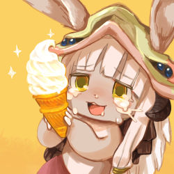 Rule 34 | 1girl, :3, animal ears, buchi0122, crying, crying with eyes open, food, furry, furry female, helmet, holding, holding food, ice cream, ice cream cone, made in abyss, nanachi (made in abyss), simple background, soft serve, solo, tears, whiskers, white hair, yellow eyes