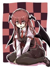 Rule 34 | 1girl, :d, armband, azumaya toushirou, bad id, bad pixiv id, bat wings, black pantyhose, blush, breasts, buttons, checkered background, collared shirt, dress shirt, eyelashes, fangs, full body, hair between eyes, head wings, highres, juliet sleeves, kneeling, koakuma, loafers, long hair, long sleeves, looking at viewer, low wings, necktie, open mouth, outline, pantyhose, puffy sleeves, red eyes, red hair, red necktie, shirt, shoes, sidelocks, sitting, sketch, skirt, skirt set, smile, solo, touhou, v arms, vest, wariza, white shirt, wings