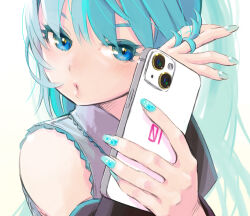 Rule 34 | 1girl, adjusting hair, aqua hair, aqua nails, bare shoulders, blue eyes, cellphone, collared shirt, colored eyelashes, commentary request, detached sleeves, grey shirt, hand in own hair, hands up, hatsune miku, highres, iphone, long hair, nail art, phone, picogames off, puckered lips, shirt, sideways glance, simple background, smartphone, solo, upper body, vocaloid, white background