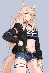 Rule 34 | 1girl, animal ears, belt, black belt, black choker, black jacket, blue eyes, blush, breasts, character request, choker, cleavage, closed mouth, collarbone, commentary request, copyright request, cowboy shot, denim, denim shorts, grey background, highres, jacket, lips, long hair, long sleeves, looking at viewer, nail polish, navel, open clothes, open jacket, red nails, shingyou (alexander-13), short shorts, shorts, simple background, solo, stomach, strapless, thigh strap, tube top, very long hair