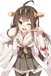 Rule 34 | 10s, 1girl, ;d, ahoge, bad id, bad pixiv id, brown hair, detached sleeves, hairband, hajime (kin&#039;you club), headgear, japanese clothes, kantai collection, kongou (kancolle), long hair, one eye closed, open mouth, personification, pointing, pointing at viewer, smile, solo, thighhighs, white background, wide sleeves, wink