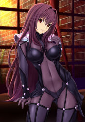 Rule 34 | 1girl, armor, bodysuit, breasts, brick wall, cleavage, commentary request, covered navel, cowboy shot, fate/grand order, fate (series), grin, hair between eyes, large breasts, long hair, looking at viewer, nonaka ritsu, pauldrons, purple bodysuit, purple hair, red eyes, scathach (fate), scathach (fate), shoulder armor, smile, solo, window