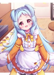 Rule 34 | 1girl, apron, black pantyhose, blue hair, blush, bow, dress, food, frilled apron, frills, head tilt, highres, indoors, long hair, long sleeves, looking at viewer, maid apron, miyako (princess connect!), open mouth, orange dress, pantyhose, princess connect!, pudding, red eyes, setmen, sleeves past fingers, sleeves past wrists, solo, standing, table, two side up, very long hair, white apron, yellow bow