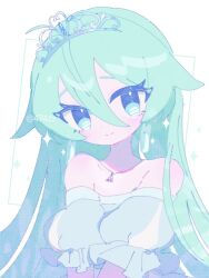 Rule 34 | 1girl, anzen robo (474zz), aqua eyes, aqua hair, bare shoulders, dress, earrings, frilled sleeves, frills, futo (anzen robo (474zz)), jewelry, long hair, looking at viewer, necklace, original, puffy sleeves, smile, sparkle, tiara, twitter username, upper body, white background, white dress