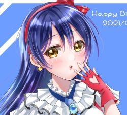 Rule 34 | 1girl, :o, artist name, artist request, blue background, blue hair, blue neckwear, blush, bokura wa ima no naka de, bow, breasts, clothing cutout, cowboy shot, dress, earrings, female focus, fingerless gloves, frilled shirt, frills, gloves, hair between eyes, hair bow, hairband, heart cutout, highres, jewelry, long hair, looking at viewer, love live!, love live! school idol project, parted lips, pearl earrings, red bow, red gloves, red hairband, shirt, smile, solo, sonoda umi, striped neckwear, upper body, white dress, yellow eyes