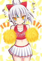 Rule 34 | 1girl, blouse, blush, cheerleader, clothes writing, cowboy shot, elsword, eve (elsword), facial mark, highres, legs together, looking at viewer, miniskirt, pom pom (cheerleading), red shirt, shirt, skirt, solo, standing, tagme, zetsuei (zetto)