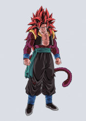 Rule 34 | absurdres, arms at sides, body fur, clenched hands, dbkenkyuusei, dragon ball, dragon ball heroes, full body, gogeta, gogeta (xeno), highres, looking at viewer, metamoran vest, monkey boy, monkey tail, muscular, muscular male, pink fur, red fur, red hair, saiyan, solo, spiked hair, standing, super full power saiyan 4 limit breaker, super saiyan, super saiyan 4, tail, torn clothes, white background