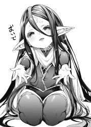 Rule 34 | 1girl, absurdly long hair, granblue fantasy, greyscale, harvin, kneeling, long hair, looking at viewer, midget, monochrome, mushi024, open mouth, outstretched arms, pointy ears, rei (granblue fantasy), sidelocks, solo, thighhighs, unusually open eyes, very long hair