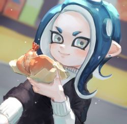 Rule 34 | 1girl, bad id, bad pixiv id, blue hair, blurry, blurry background, closed mouth, dutch angle, earrings, food, grey eyes, hand up, holding, holding food, jewelry, long hair, long sleeves, nintendo, octoling, octoling girl, octoling player character, oimo (oimkimn), smile, solo, splatoon (series), splatoon 2, suction cups, tempura, tentacle hair, upper body