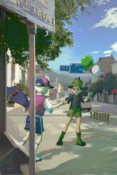 Rule 34 | 2boys, absurdres, balloon, baseball cap, black eyes, black hair, black shirt, blue shorts, blue sky, boots, building, chinese commentary, city, cloud, commentary request, day, gon freecss, green footwear, green shorts, hat, highres, holding, holding balloon, holding hands, holding skateboard, hunter x hunter, killua zoldyck, long sleeves, male focus, multiple boys, open mouth, outdoors, purple headwear, purple shirt, road sign, shao ziye, shirt, short hair, short sleeves, shorts, sign, skateboard, sky, smile, socks, tree, white hair, white sleeves, white socks
