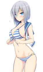 Rule 34 | 10s, 1girl, alternate costume, bare arms, bikini, blue eyes, breasts, commentary request, hair ornament, hair over one eye, hairclip, hamakaze (kancolle), kantai collection, large breasts, looking at viewer, navel, short hair, sideboob, silver hair, simple background, solo, striped bikini, striped clothes, swimsuit, takeyuu, thighs, white background