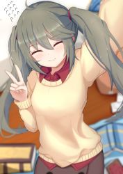 Rule 34 | 1girl, ^ ^, arm up, blurry, blurry background, blush, book, brown skirt, brown sweater, closed eyes, closed mouth, collared shirt, depth of field, dress shirt, facing viewer, flying sweatdrops, grey hair, hair between eyes, highres, kumagitsune, long hair, long sleeves, open book, princess connect!, reaching, reaching towards viewer, red shirt, selfie, shirt, skirt, smile, solo, sweater, twintails, v, very long hair, yuni (princess connect!), yuni (real) (princess connect!)