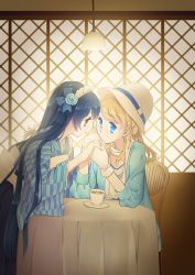 Rule 34 | 10s, 2girls, ayase eli, blonde hair, blue eyes, blue hair, brown eyes, cafe, cup, flower, gloves, hair flower, hair ornament, hat, holding hands, japanese clothes, long hair, looking at another, love live!, love live! school idol festival, love live! school idol project, maid headdress, mimori (cotton heart), multiple girls, rose, scarf, smile, sonoda umi, very long hair, yuri