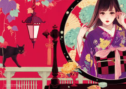 Rule 34 | 1girl, asa no ha (pattern), blush, brown eyes, brown hair, cat, comb, commentary request, floral background, floral print, hand in own hair, hands up, japanese clothes, kimono, lantern, lipstick, looking at viewer, makeup, matsuo hiromi, mirror, mole, mole under eye, obi, original, parted lips, purple kimono, railing, red lips, reflection, sash, solo, standing, watermark
