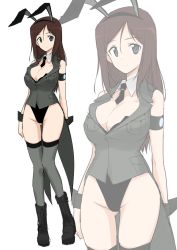 Rule 34 | 10s, 1girl, adapted uniform, animal ears, armband, between breasts, boots, breasts, brown hair, cleavage, coattails, commentary request, detached collar, emblem, fake animal ears, female focus, full body, girls und panzer, grey eyes, hair between eyes, hairband, halcon, jacket, large breasts, leotard, long hair, looking at viewer, megumi (girls und panzer), necktie, necktie between breasts, playboy bunny, rabbit ears, selection university military uniform, simple background, sleeveless, smile, solo, thighhighs, white background, wrist cuffs, zoom layer