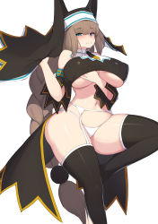 Rule 34 | 1girl, bare shoulders, bombergirl, breasts, brown hair, covered erect nipples, detached sleeves, garter belt, garter straps, hand on own chest, hand under clothes, headdress, highres, huge breasts, leg up, long hair, looking at viewer, midriff, pepper0, ponytail, grabbing own breast, sepia belmont, smile, solo, thighhighs, underboob, white background