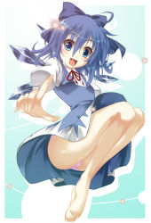 Rule 34 | 1girl, bad feet, bad id, bad pixiv id, bare legs, barefoot, blue eyes, blue hair, bow, cirno, clothes lift, embodiment of scarlet devil, feet, fuyuno taka, hair bow, looking at viewer, matching hair/eyes, open mouth, panties, pantyshot, pink panties, pointing, short hair, skirt, skirt lift, smile, solo, sparkle, touhou, underwear, wings