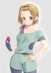 Rule 34 | 1girl, absurdres, brown eyes, brown hair, collarbone, dress, food, fruit, green dress, hand on own hip, headband, highres, k-on!, open mouth, simple background, solo, standing, strawberry, tainaka ritsu, teeth